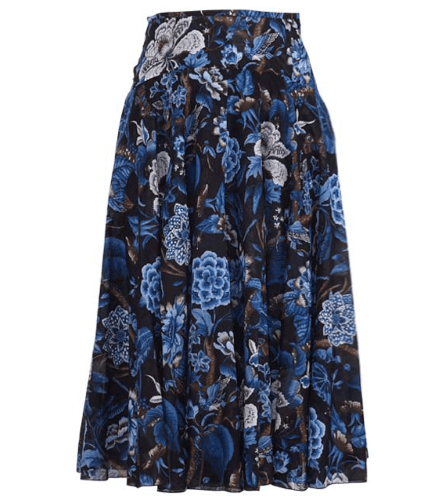 A knee-length dress with a collared neckline, three-quarter sleeves, and a flared skirt. Features a bold allover abstract pattern and fitted waist.