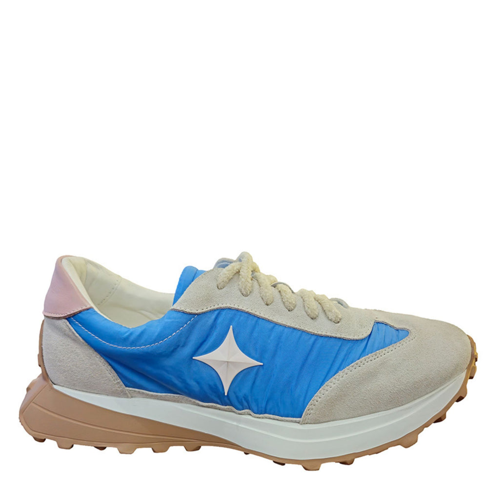 Sneaker with blue accent and star design on a white background