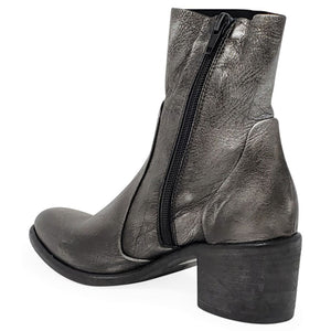Dark gray leather boot with a zipper on a white background