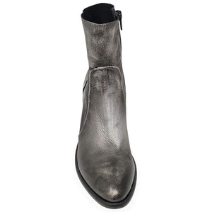 Silver metallic ankle boot on a white background