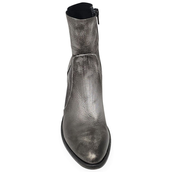 Silver metallic ankle boot on a white background