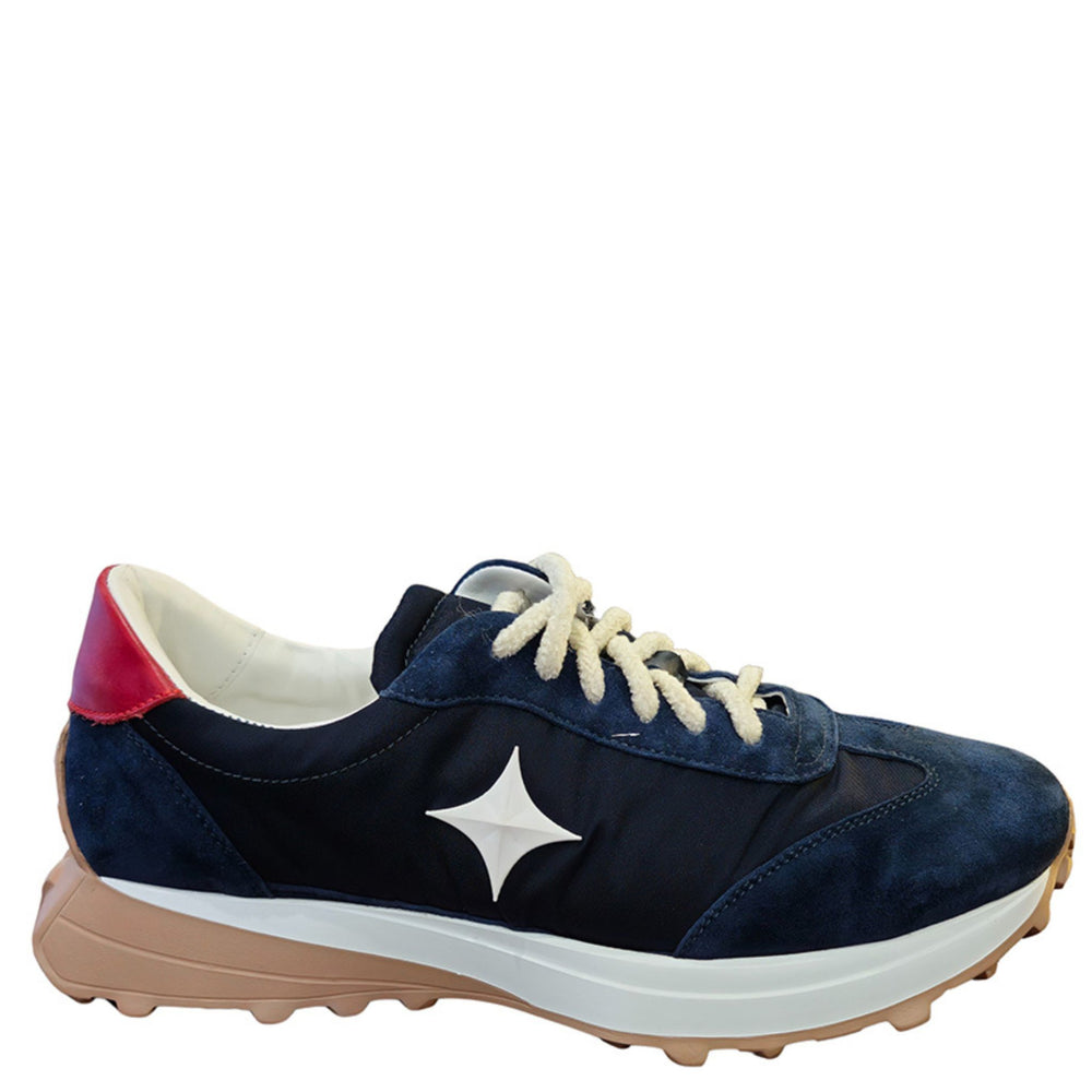 Navy blue sneaker with a white star on a white background