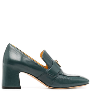 Green leather loafer shoe on a white background