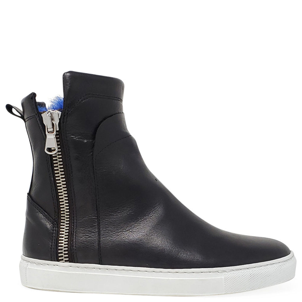 Black leather ankle boot with a zipper on a white background