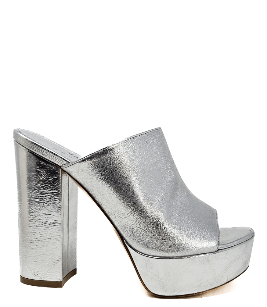 Open-toe platform mule with high block heel and wide upper strap. Features a smooth, metallic-textured finish and slip-on design for elevated wear.