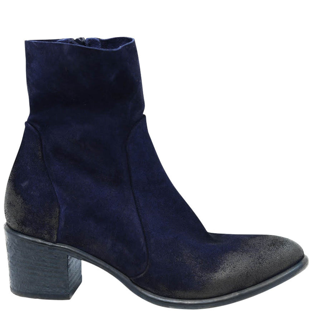 Blue suede ankle boot on a white background