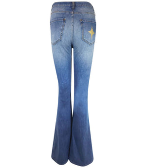 Flared-leg pants made in Italy with a mid-rise fit, featuring front and back pockets and star-shaped accents on the hip, lower leg, and back pocket. Displayed from multiple angles against a clean background