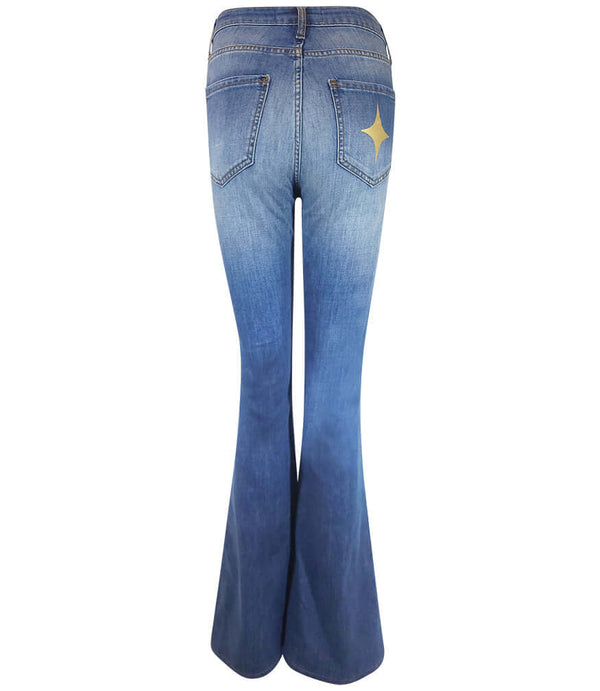 Flared-leg pants made in Italy with a mid-rise fit, featuring front and back pockets and star-shaped accents on the hip, lower leg, and back pocket. Displayed from multiple angles against a clean background