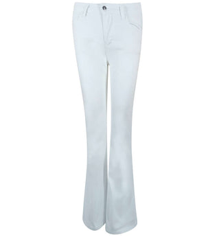 Flared-leg pants made in Italy with a mid-rise fit, featuring front and back pockets and star-shaped accents on the hip, lower leg, and back pocket. Displayed from multiple angles against a clean background