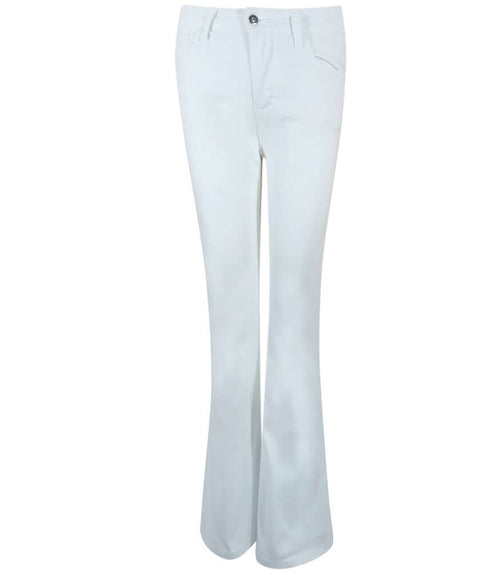 Flared-leg pants made in Italy with a mid-rise fit, featuring front and back pockets and star-shaped accents on the hip, lower leg, and back pocket. Displayed from multiple angles against a clean background