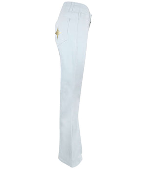 Flared-leg pants made in Italy with a mid-rise fit, featuring front and back pockets and star-shaped accents on the hip, lower leg, and back pocket. Displayed from multiple angles against a clean background