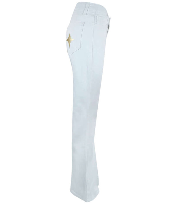 Flared-leg pants made in Italy with a mid-rise fit, featuring front and back pockets and star-shaped accents on the hip, lower leg, and back pocket. Displayed from multiple angles against a clean background