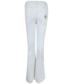 Flared-leg pants made in Italy with a mid-rise fit, featuring front and back pockets and star-shaped accents on the hip, lower leg, and back pocket. Displayed from multiple angles against a clean background