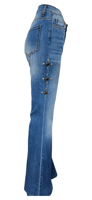 Flared-leg pants made in Italy with a mid-rise fit, featuring front and back pockets and star-shaped accents on the hip, lower leg, and back pocket. Displayed from multiple angles against a clean background