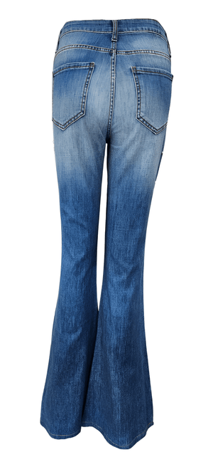 Flared-leg pants made in Italy with a mid-rise fit, featuring front and back pockets and star-shaped accents on the hip, lower leg, and back pocket. Displayed from multiple angles against a clean background