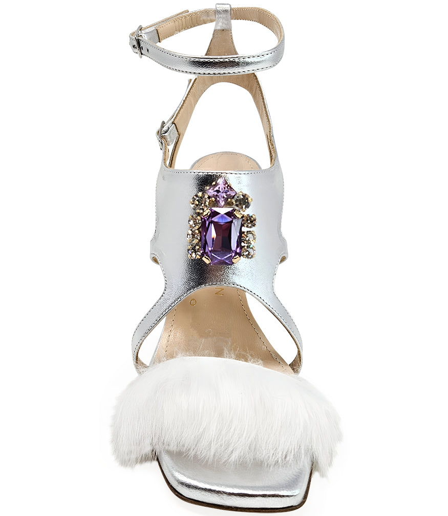 Madison Maison Silver Leather Open Toe Feather Pump