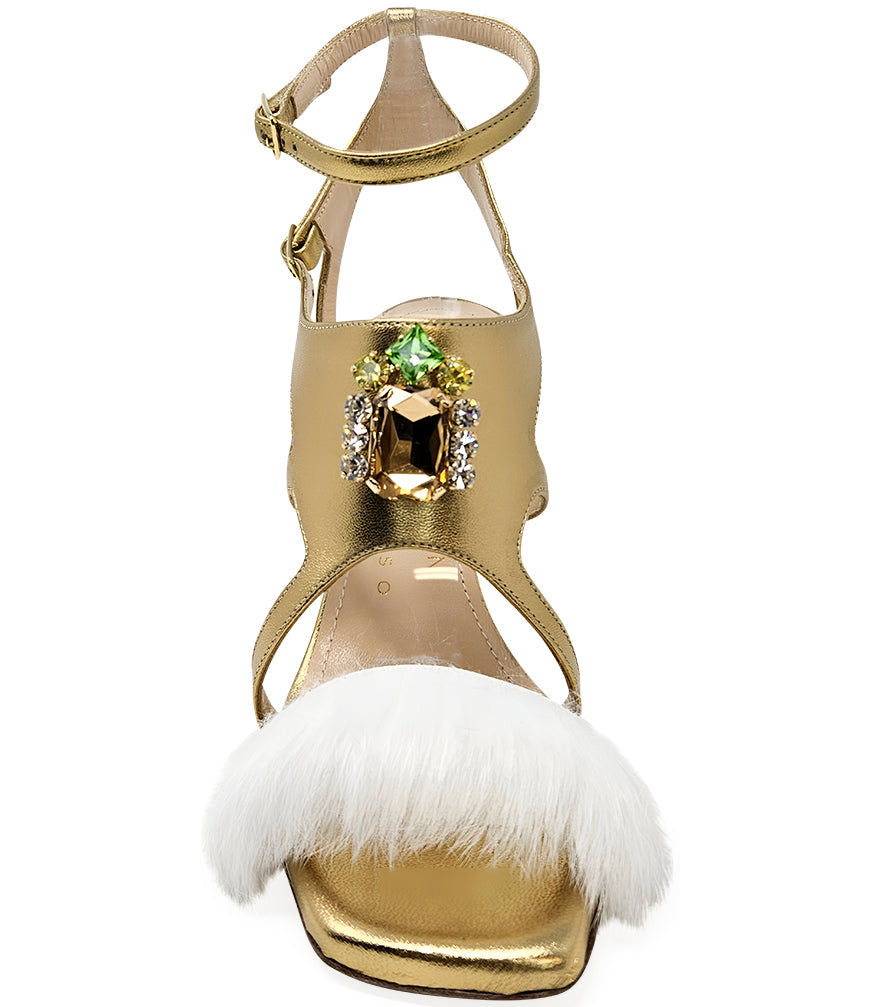 Madison Maison Gold Leather Open Toe Feather Pump