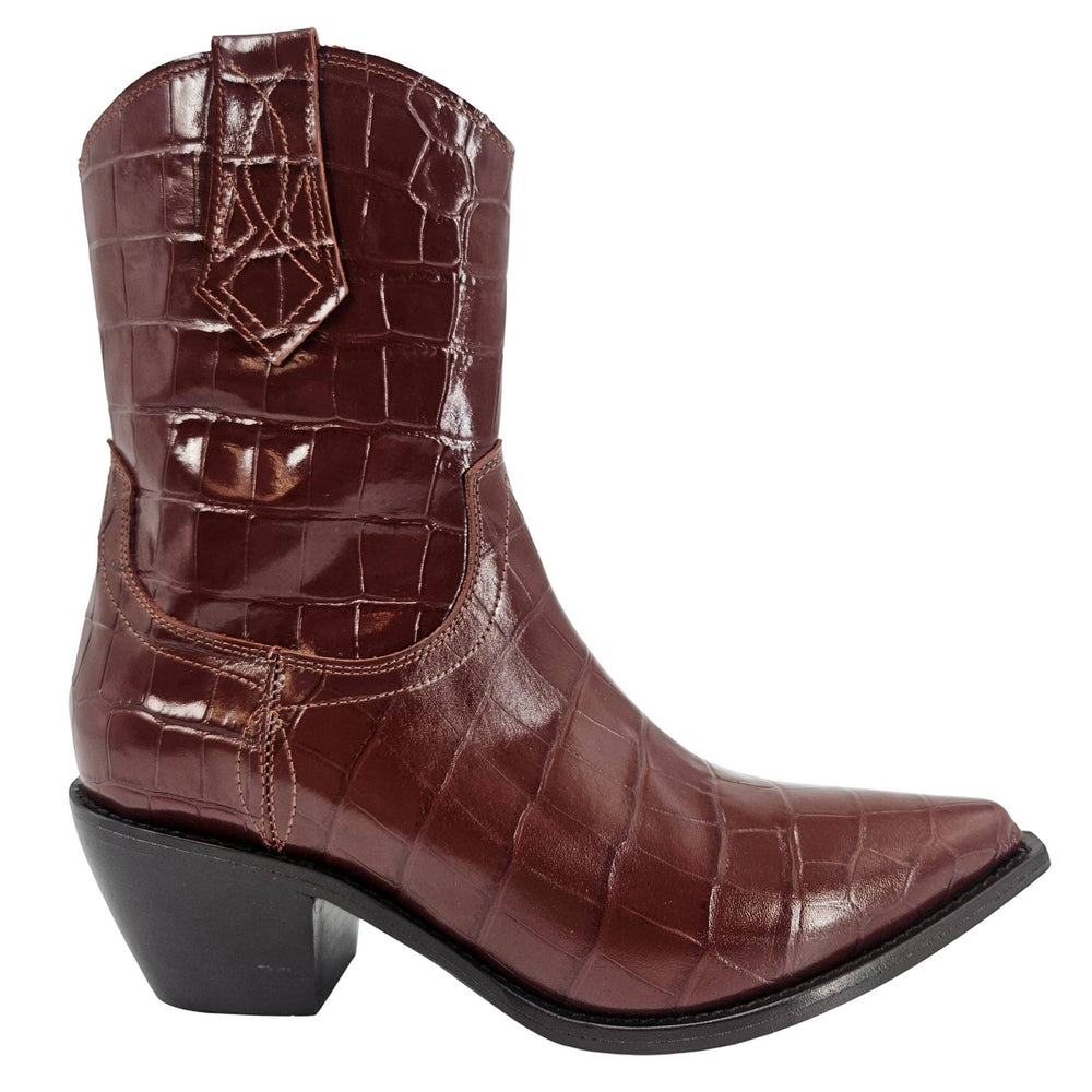 Brown crocodile-patterned cowboy boot on a white background
