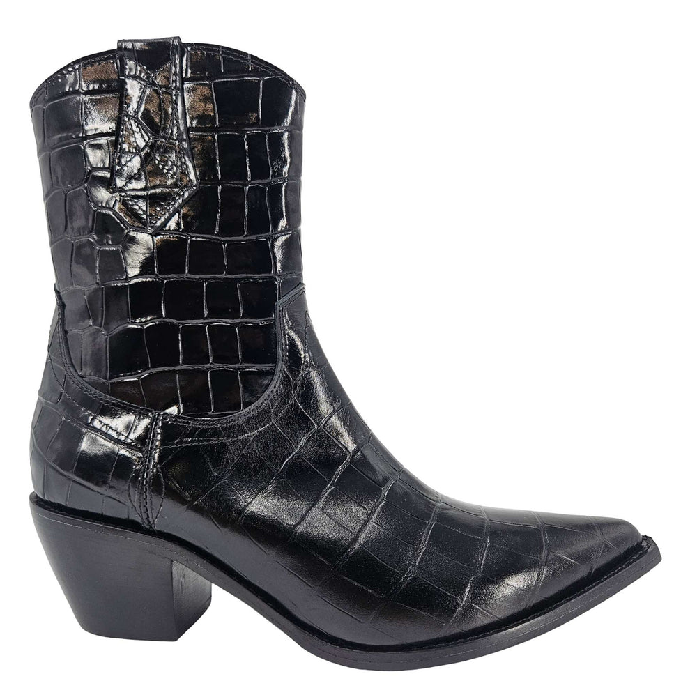 Black crocodile-patterned cowboy boot on a white background
