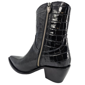 Black crocodile-patterned boot with a gold zipper on a white background