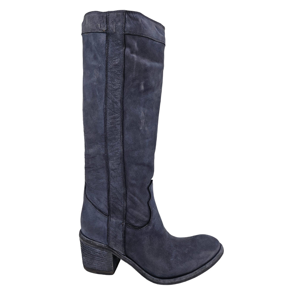 Navy blue knee-high boot on a white background