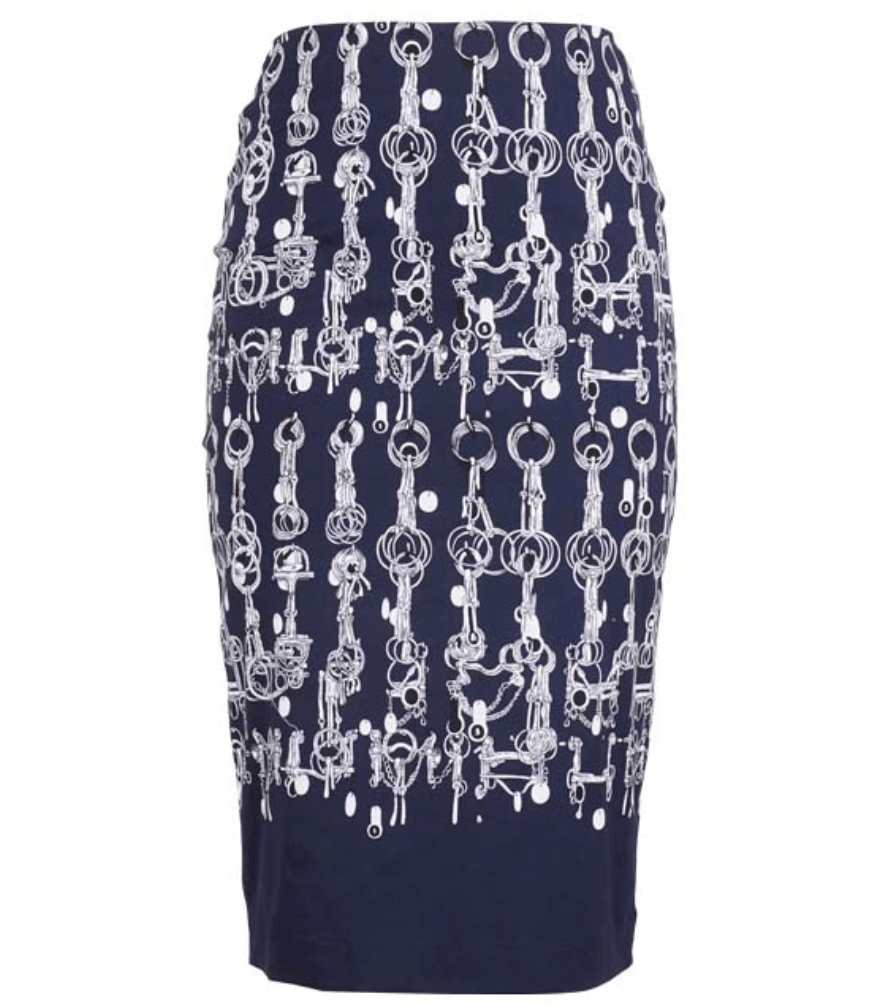A knee-length dress with a collared neckline, three-quarter sleeves, and a flared skirt. Features a bold allover abstract pattern and fitted waist.