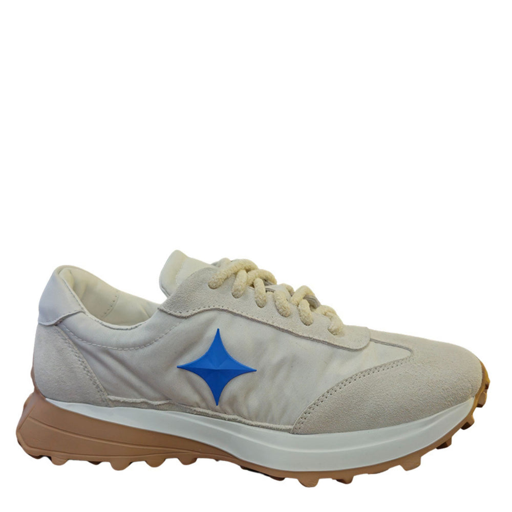 Beige sneaker with a blue star on a white background