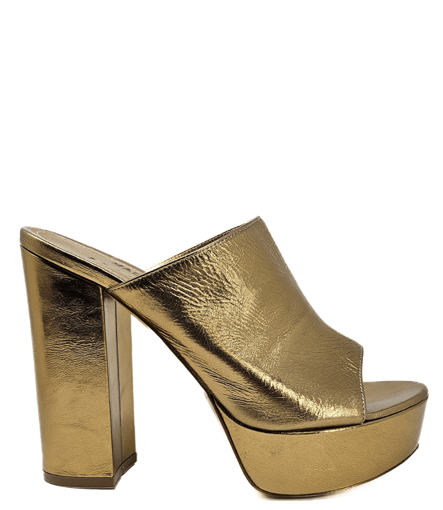 Open-toe platform mule with high block heel and wide upper strap. Features a smooth, metallic-textured finish and slip-on design for elevated wear.