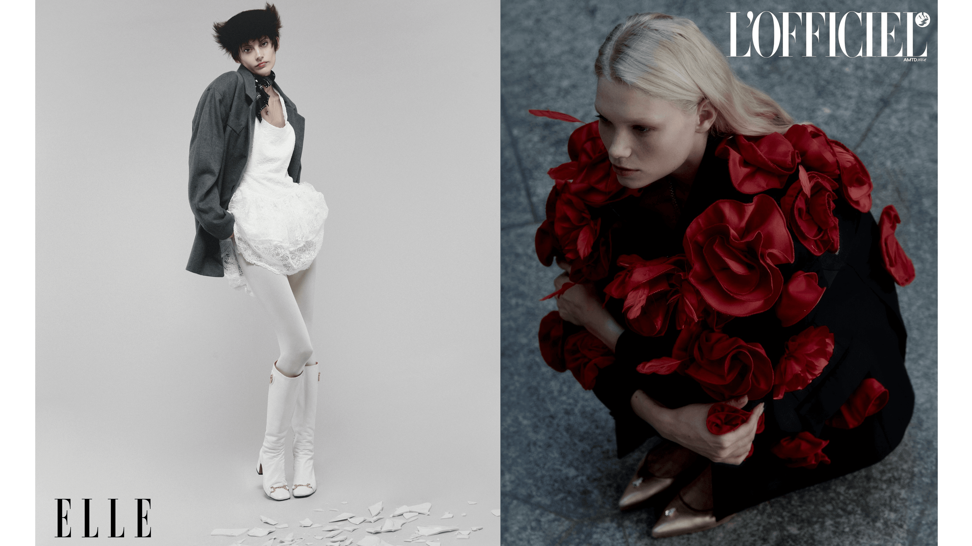 Fashion editorial featuring two models: one in avant-garde attire for ELLE and another in floral designs for LOFFICIEL.