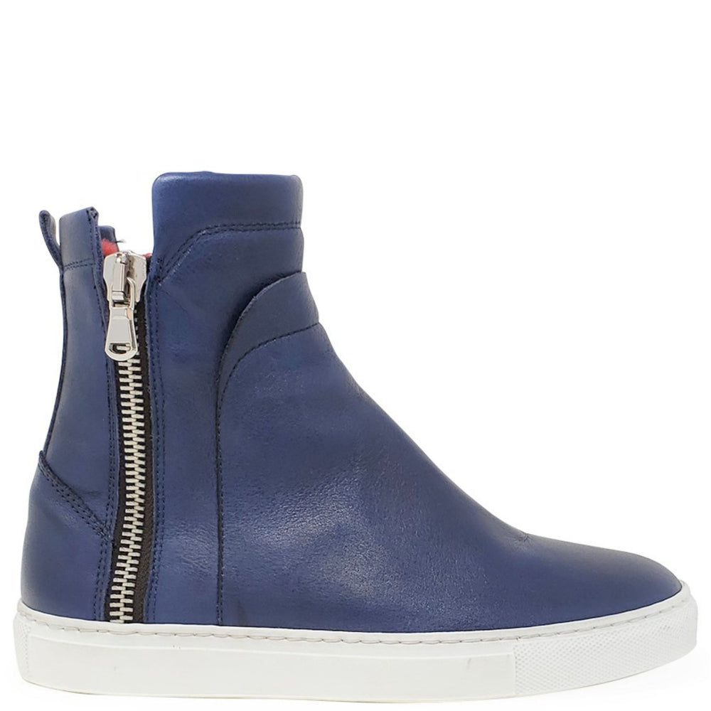 Blue ankle boot with a zipper on a white background