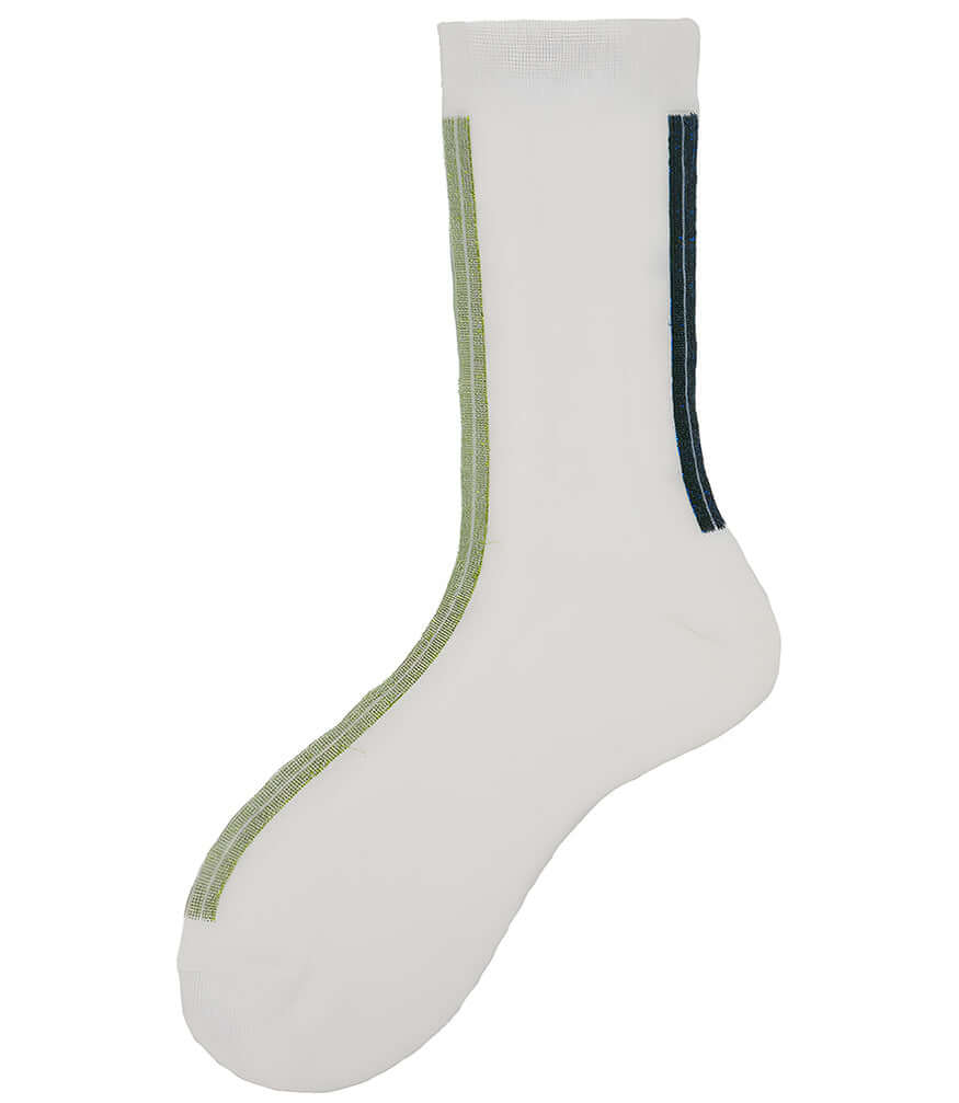 A mid-calf knit sock featuring a mix of textured panels, ribbed leg section, and bold horizontal stripes around the arch and cuff.
