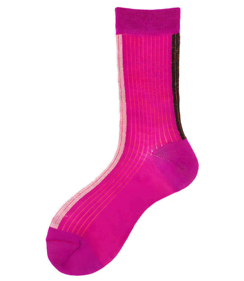 A mid-calf knit sock featuring a mix of textured panels, ribbed leg section, and bold horizontal stripes around the arch and cuff.