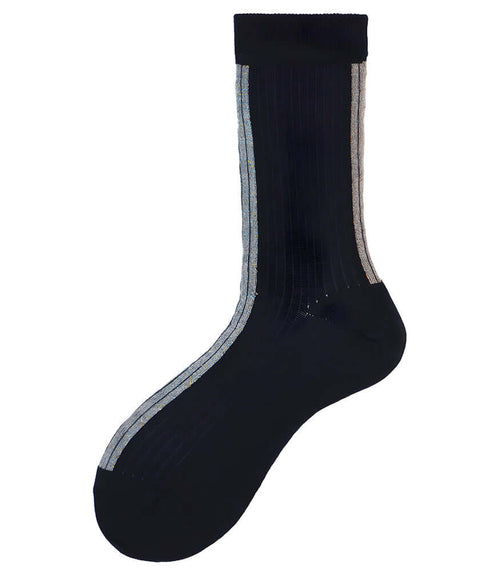 A mid-calf knit sock featuring a mix of textured panels, ribbed leg section, and bold horizontal stripes around the arch and cuff.