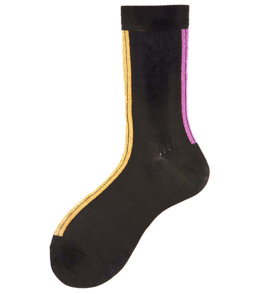 A mid-calf knit sock featuring a mix of textured panels, ribbed leg section, and bold horizontal stripes around the arch and cuff.