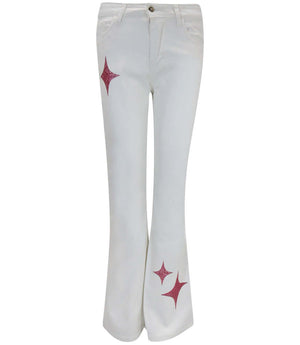 Flared-leg pants made in Italy with a mid-rise fit, featuring front and back pockets and star-shaped accents on the hip, lower leg, and back pocket. Displayed from multiple angles against a clean background