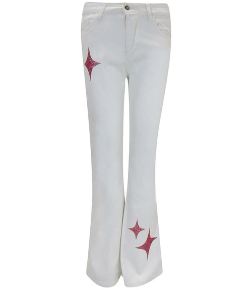 Flared-leg pants made in Italy with a mid-rise fit, featuring front and back pockets and star-shaped accents on the hip, lower leg, and back pocket. Displayed from multiple angles against a clean background
