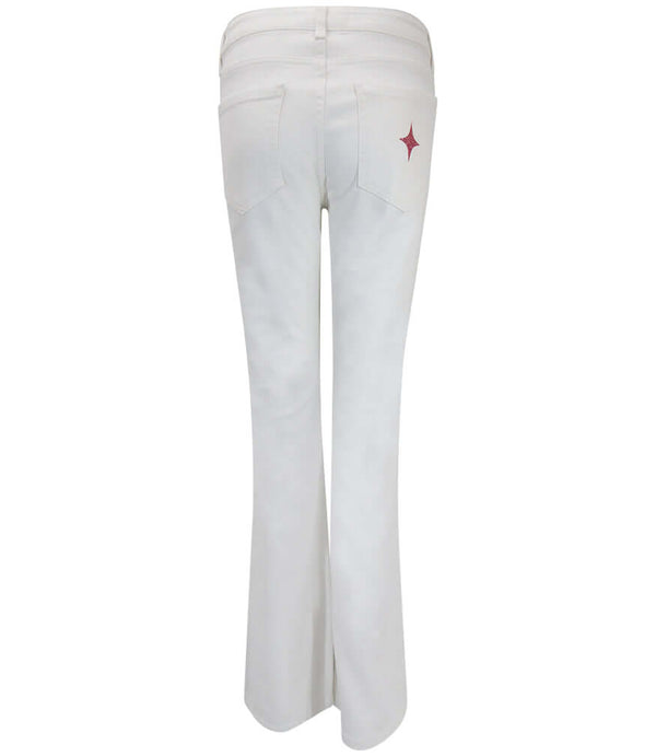 Flared-leg pants made in Italy with a mid-rise fit, featuring front and back pockets and star-shaped accents on the hip, lower leg, and back pocket. Displayed from multiple angles against a clean background