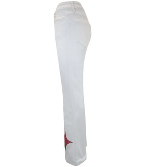Flared-leg pants made in Italy with a mid-rise fit, featuring front and back pockets and star-shaped accents on the hip, lower leg, and back pocket. Displayed from multiple angles against a clean background