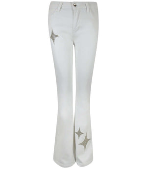 Flared-leg pants made in Italy with a mid-rise fit, featuring front and back pockets and star-shaped accents on the hip, lower leg, and back pocket. Displayed from multiple angles against a clean background