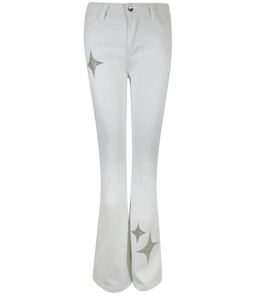 Flared-leg pants made in Italy with a mid-rise fit, featuring front and back pockets and star-shaped accents on the hip, lower leg, and back pocket. Displayed from multiple angles against a clean background