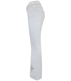 Flared-leg pants made in Italy with a mid-rise fit, featuring front and back pockets and star-shaped accents on the hip, lower leg, and back pocket. Displayed from multiple angles against a clean background