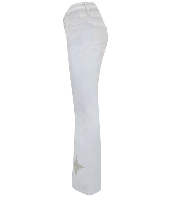 Flared-leg pants made in Italy with a mid-rise fit, featuring front and back pockets and star-shaped accents on the hip, lower leg, and back pocket. Displayed from multiple angles against a clean background