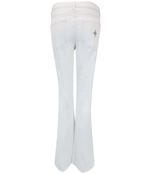 Flared-leg pants made in Italy with a mid-rise fit, featuring front and back pockets and star-shaped accents on the hip, lower leg, and back pocket. Displayed from multiple angles against a clean background