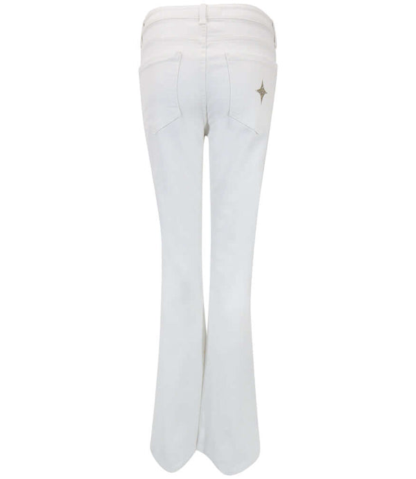 Flared-leg pants made in Italy with a mid-rise fit, featuring front and back pockets and star-shaped accents on the hip, lower leg, and back pocket. Displayed from multiple angles against a clean background