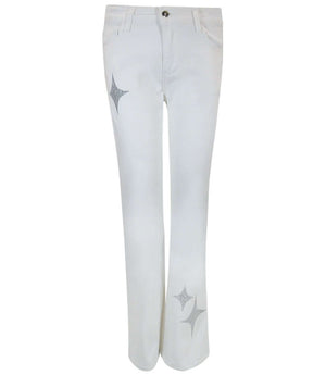 Flared-leg pants made in Italy with a mid-rise fit, featuring front and back pockets and star-shaped accents on the hip, lower leg, and back pocket. Displayed from multiple angles against a clean background