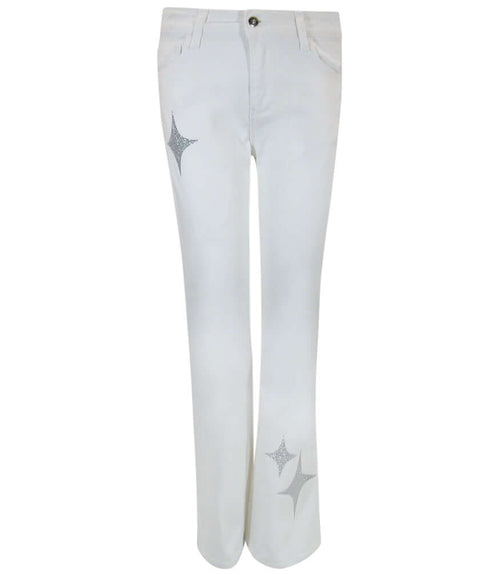 Flared-leg pants made in Italy with a mid-rise fit, featuring front and back pockets and star-shaped accents on the hip, lower leg, and back pocket. Displayed from multiple angles against a clean background