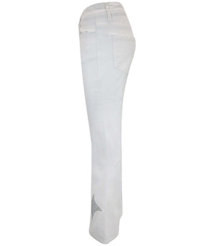 Flared-leg pants made in Italy with a mid-rise fit, featuring front and back pockets and star-shaped accents on the hip, lower leg, and back pocket. Displayed from multiple angles against a clean background