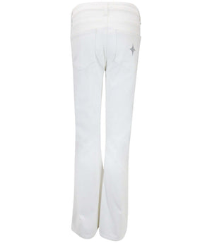 Flared-leg pants made in Italy with a mid-rise fit, featuring front and back pockets and star-shaped accents on the hip, lower leg, and back pocket. Displayed from multiple angles against a clean background