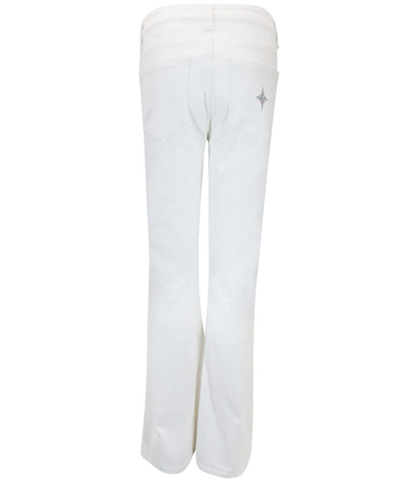 Flared-leg pants made in Italy with a mid-rise fit, featuring front and back pockets and star-shaped accents on the hip, lower leg, and back pocket. Displayed from multiple angles against a clean background