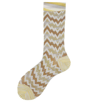A mid-calf knit sock featuring a mix of textured panels, ribbed leg section, and bold horizontal stripes around the arch and cuff.